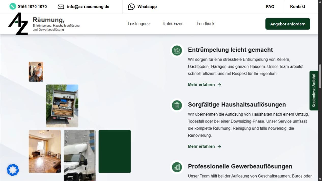 Team- und Unternehmensbereich von AZ Räumung mit Hinweisen zu diskreter und versicherter Durchführung