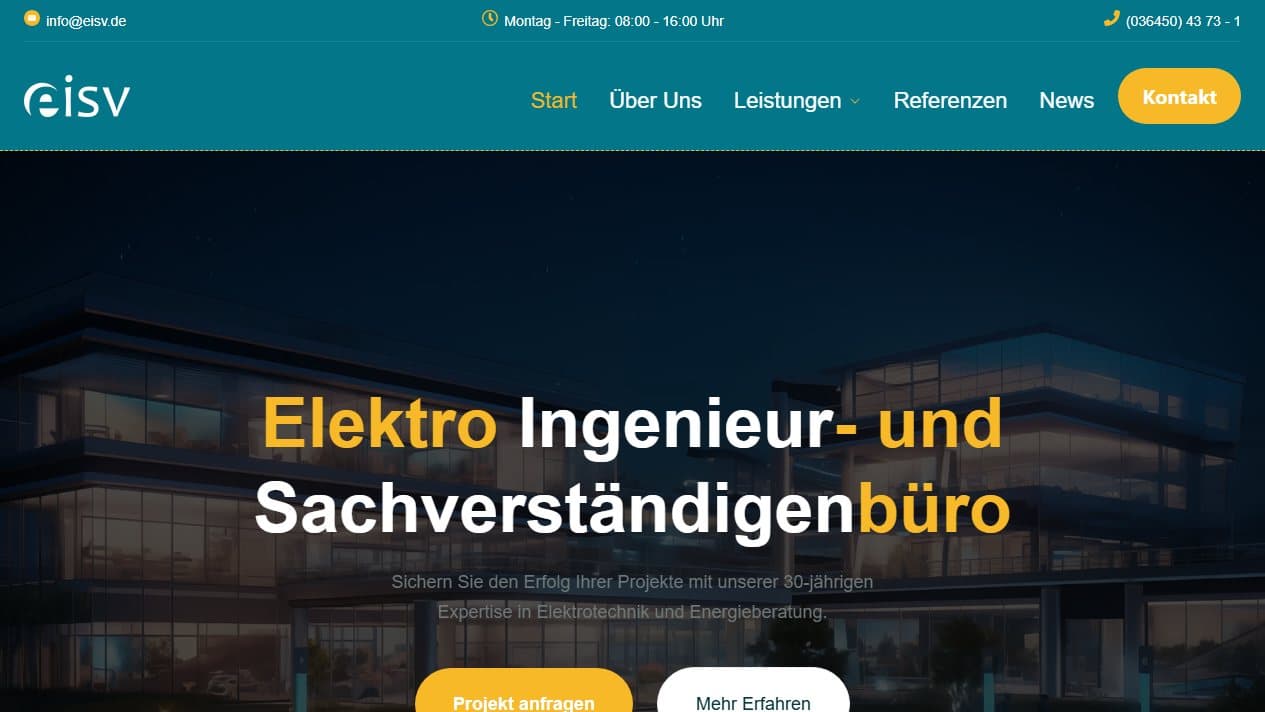 Startseite des Elektroingenieur- und Sachverständigenbüros EISV mit Projektanfrage