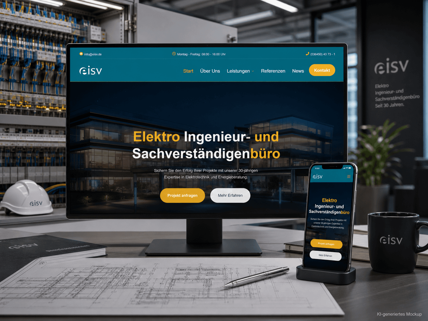 KI-generiertes Mockup der EISV-Website auf Monitor und Smartphone in einem Elektroingenieur-Arbeitsplatz