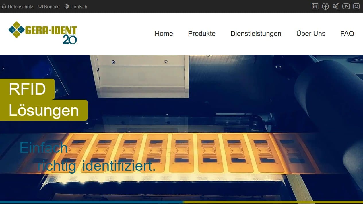 Startseite von GERA-IDENT mit RFID-Lösungen und dem Leitsatz Einfach richtig identifiziert