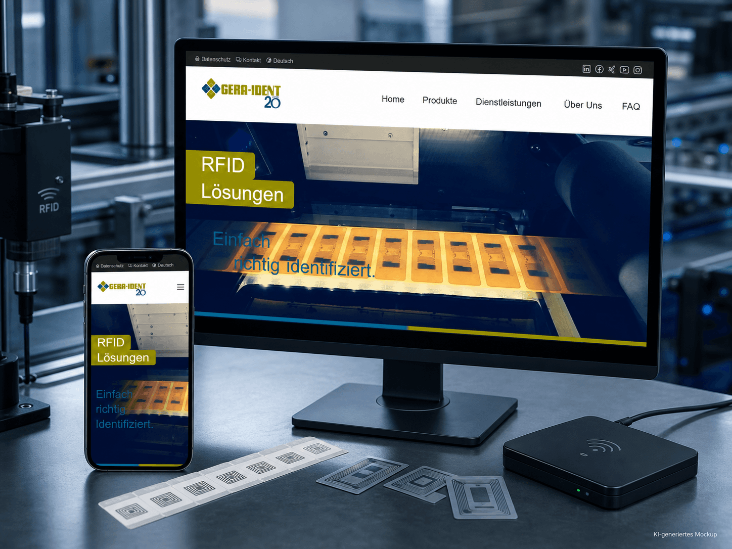 KI-generiertes Mockup der GERA-IDENT-Website auf Monitor und Smartphone in einer RFID-Produktionsumgebung KI-generiertes Mockup der GERA-IDENT-Website auf Monitor und Smartphone in einer RFID-Produktionsumgebung