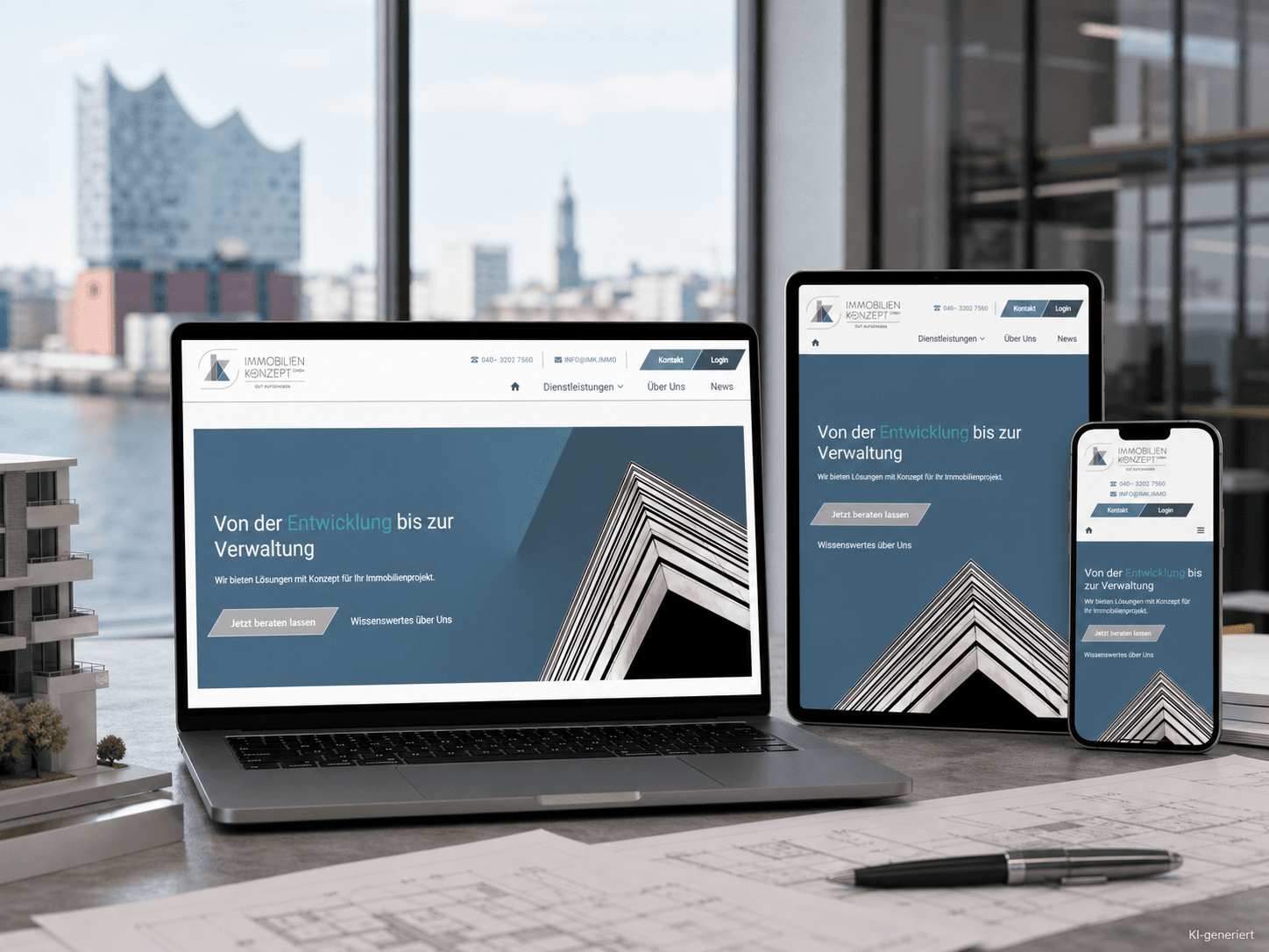 KI-generiertes Mockup der IMK-Immobilien-Website auf Laptop, Tablet und Smartphone in einem Hamburger Architekturbüro KI-generiertes Mockup der IMK-Immobilien-Website auf Laptop, Tablet und Smartphone in einem Hamburger Architekturbüro