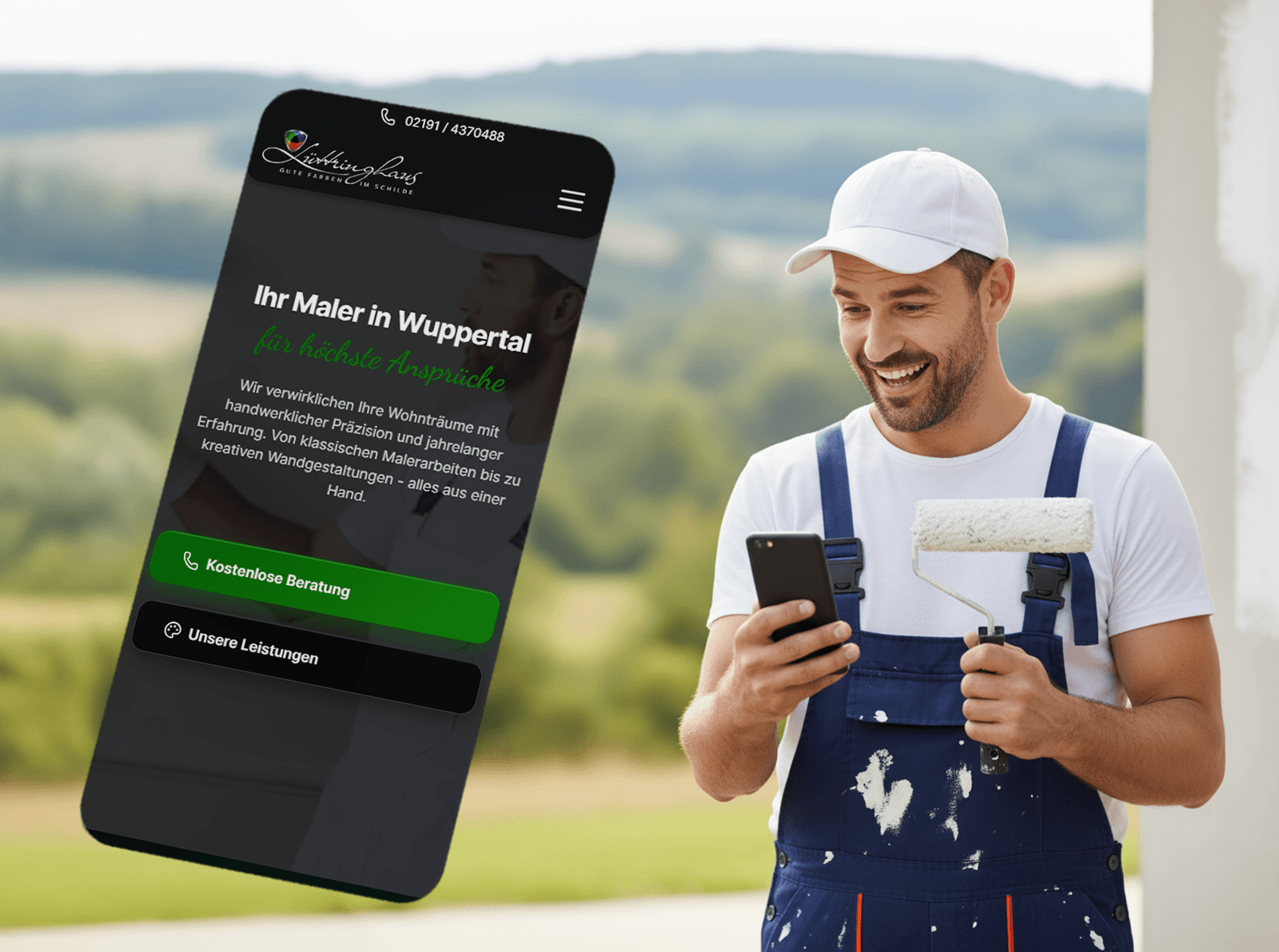 KI-generiertes Website-Mockup für Malermeister Lüttringhaus auf einem Smartphone vor einem Maler bei der Arbeit KI-generiertes Website-Mockup für Malermeister Lüttringhaus auf einem Smartphone vor einem Maler bei der Arbeit